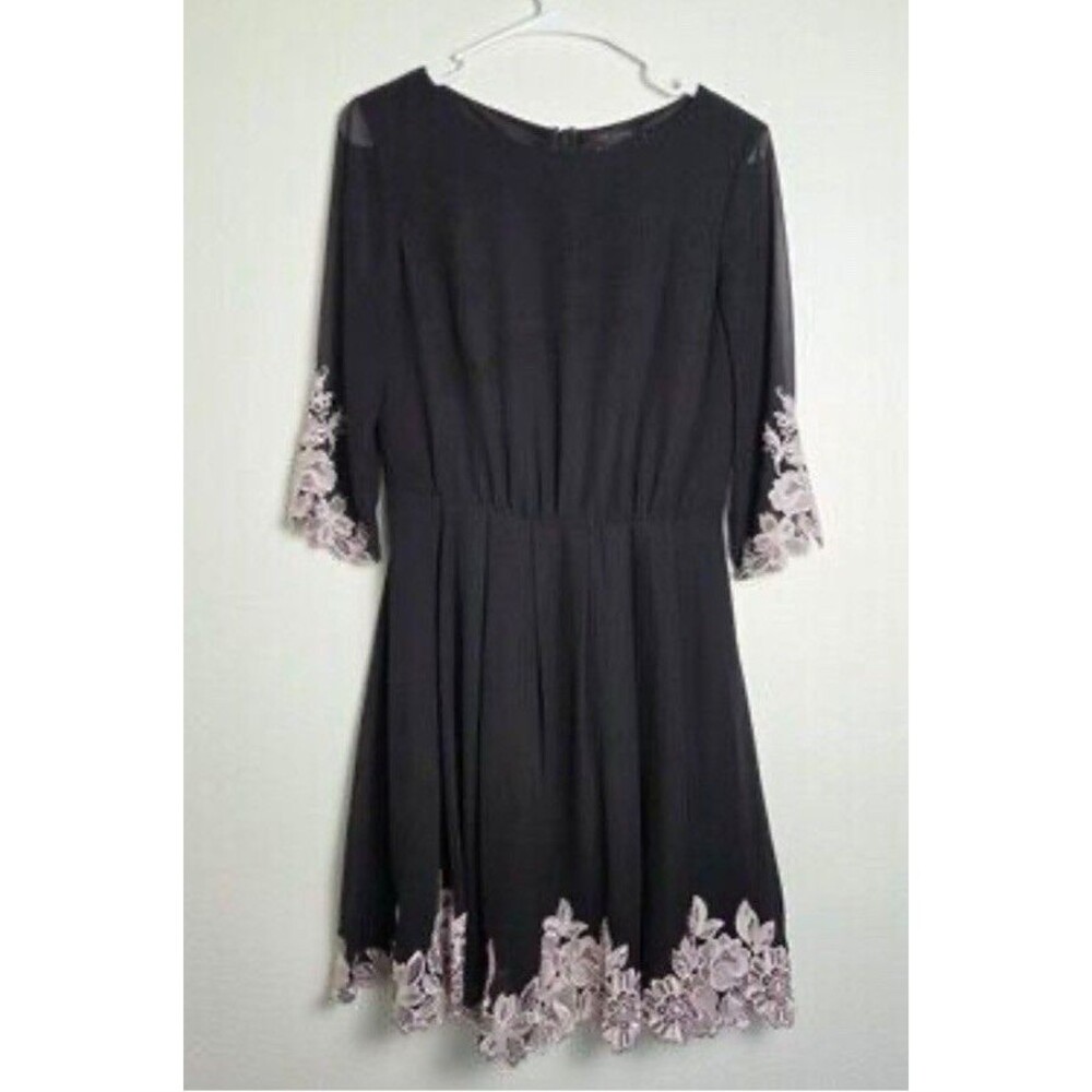Ted Baker Feay Black Heavy Embroidered Lace Trim Fit & Flare Cocktail Dress Sz 1 - Picture 3 of 11
